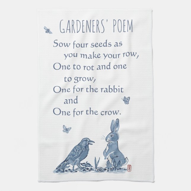Rustic Gardener's Poem Blue & White Rabbit Crow Tea Towel (Vertical)