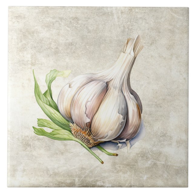 Rustic Garlic Faux Texture Kitchen Watercolor Tile (Front)