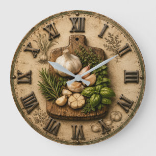 Rustic Garlic & Fresh Herbs Farmhouse Kitchen Large Clock
