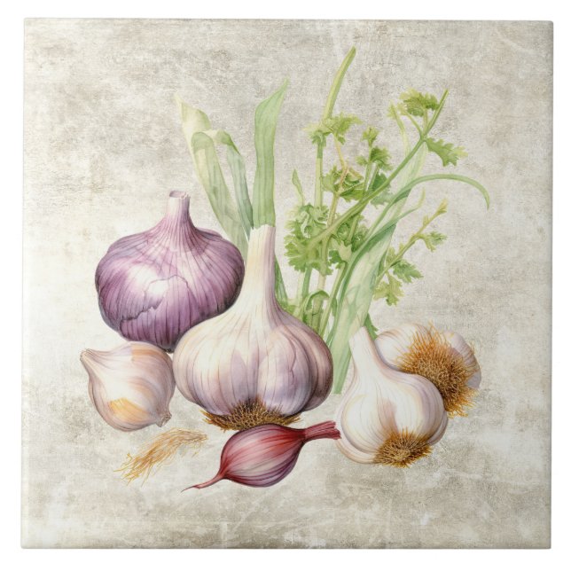 Rustic Garlic Watercolor Faux Texture Kitchen Tile (Front)