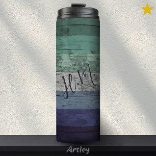 Rustic Gay Male Rainbow Pride Flag Wood Grain Name Thermal Tumbler