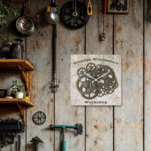 Rustic Gears Sprocket Steampunk On Stone Template  Square Wall Clock