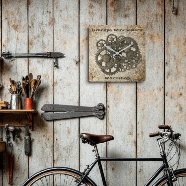 Rustic Gears Sprocket Steampunk On Stone Template  Square Wall Clock (cluster of gears square wall clock )