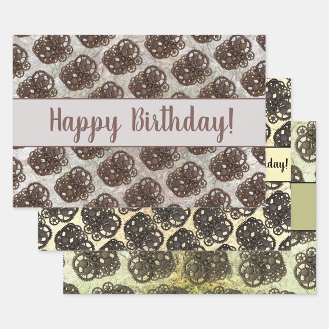 Rustic Gears Sprocket Steampunk On Stone Template  Wrapping Paper Sheet (Set)