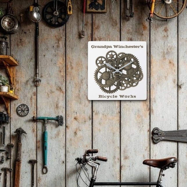 Rustic Gears Sprockets Steampunk Template Square Wall Clock (Creator Uploaded)