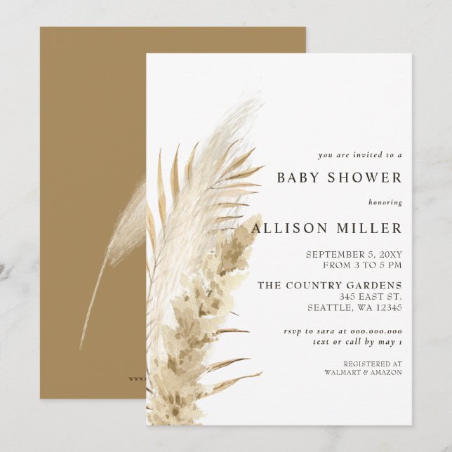 Rustic Gender Neutral Boho Pampas Baby Shower  Inv Invitation (Front/Back)