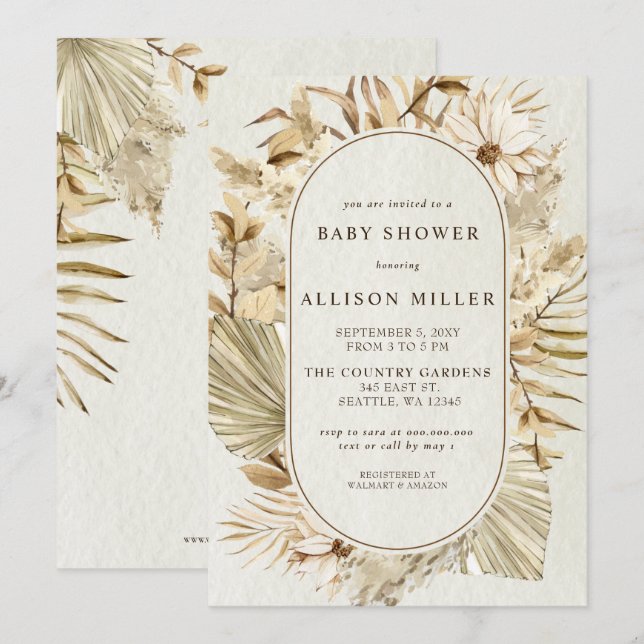 Rustic Gender Neutral Boho Pampas Baby Shower  Invitation (Front/Back)
