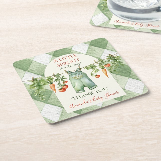 Rustic Gender Neutral Little Sprout Baby Shower Square Paper Coaster (Angled)