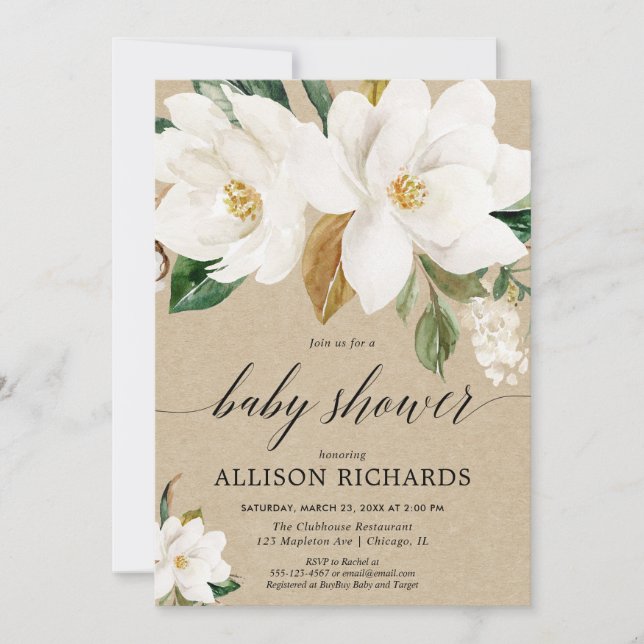 Rustic gender neutral magnolia floral baby shower invitation (Front)