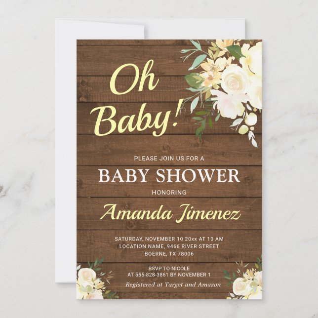 Rustic Gender Neutral Wood Floral Chic Baby Shower Invitation (Front)