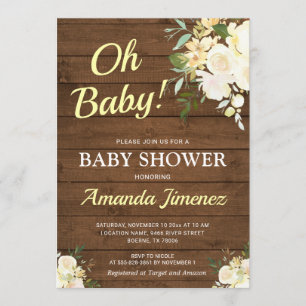 Rustic Gender Neutral Wood Floral Chic Baby Shower Invitation