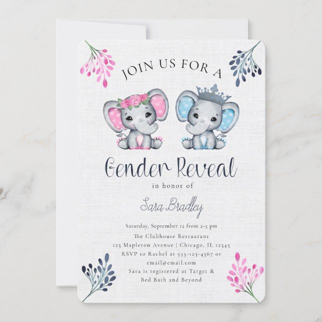  Rustic Gender Reveal burlap elephant baby shower Invitation (Front)