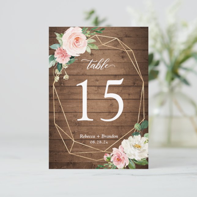 Rustic Geometric Blush Floral Wedding Table Number (Standing Front)