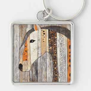 Rustic Geometric Boho Wood Grain Horse Key Ring