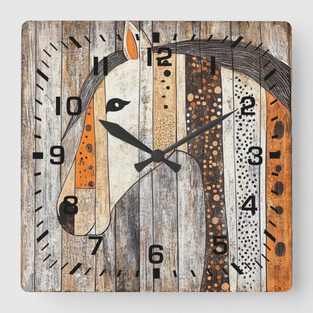 Rustic Geometric Boho Wood Grain Horse Square Wall Clock (Front)