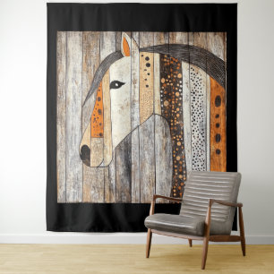 Rustic Geometric Boho Wood Grain Horse Tapestry