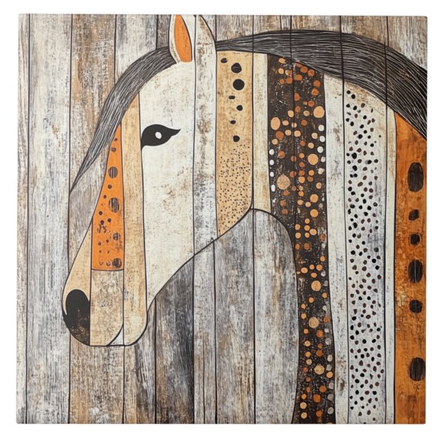 Rustic Geometric Boho Wood Grain Horse Tile (Front)