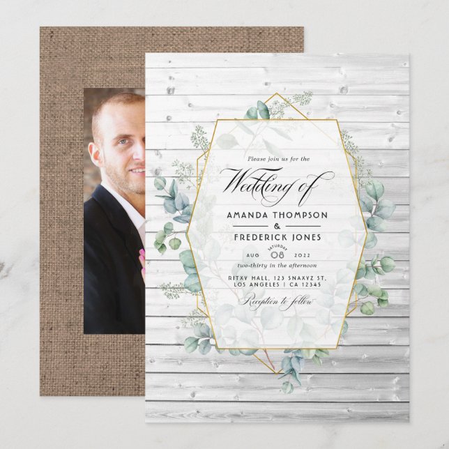 Rustic Geometric Country Barn Eucalyptus Wedding Invitation (Front/Back)