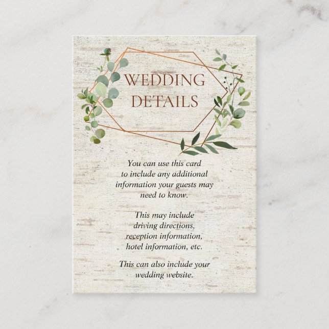 Rustic Geometric Eucalyptus Birch Wedding Details Enclosure Card (Front)