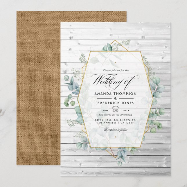 Rustic Geometric Eucalyptus Garden Wedding Invitat Invitation (Front/Back)