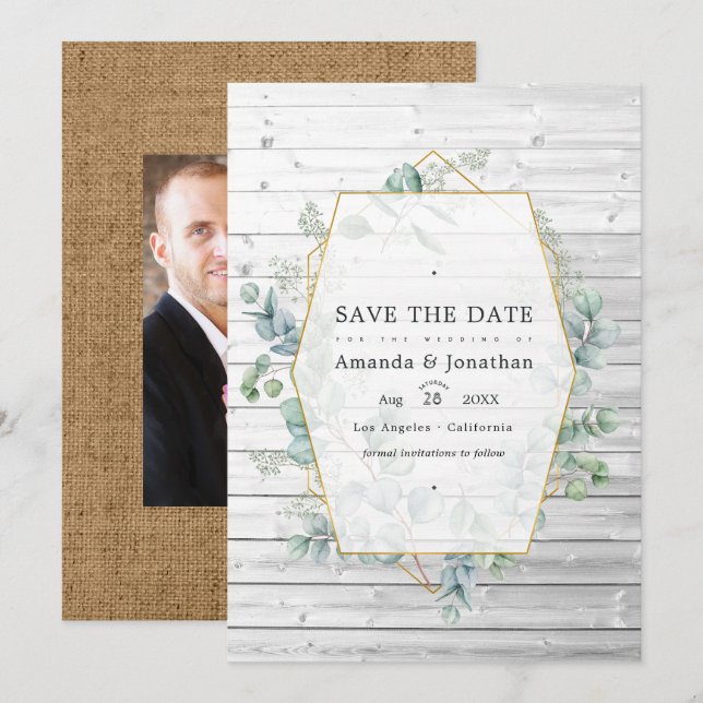 Rustic Geometric Eucalyptus Garden Wedding Save The Date (Front/Back)