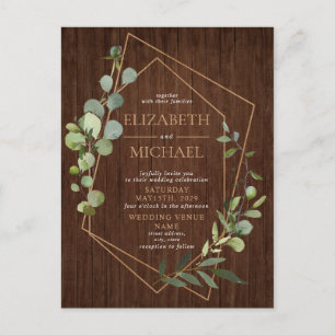 Rustic Geometric Eucalyptus Wood Photo Wedding Announcement Postcard