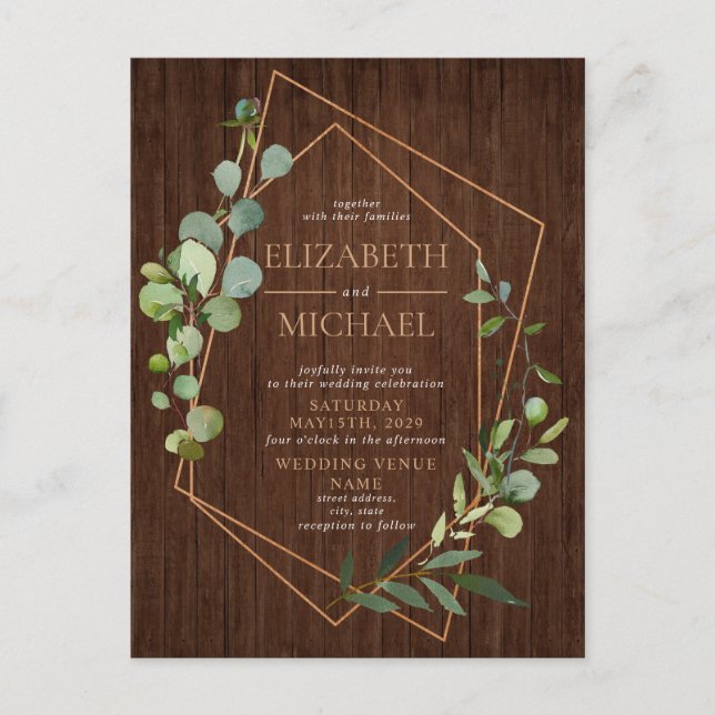 Rustic Geometric Eucalyptus Wood Photo Wedding Announcement Postcard (Front)