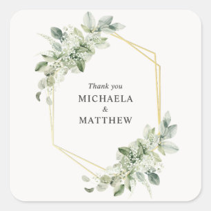 Rustic Geometric Green Faux Gold Wedding Favour Square Sticker