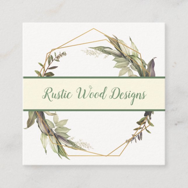 Rustic Geometric Leaves Wreath Monogram Square Business Card (Front)