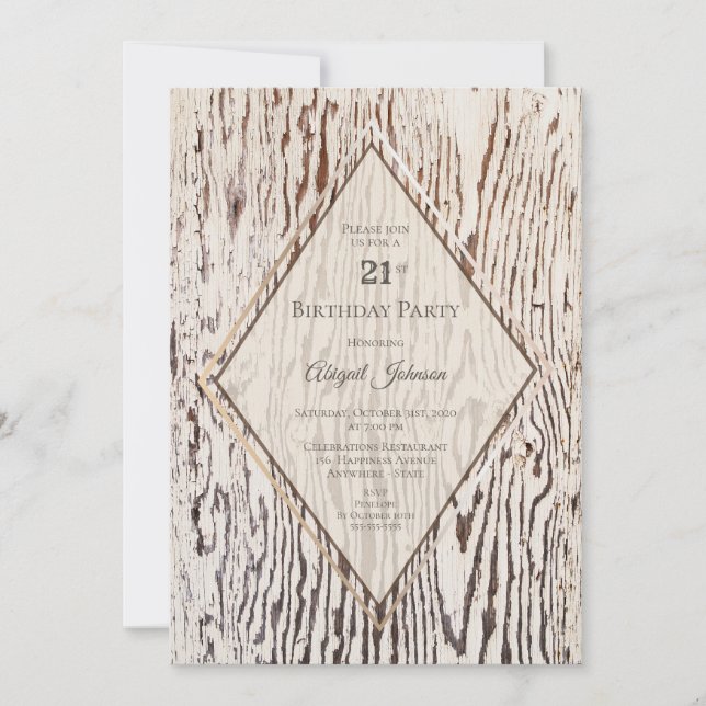 Rustic Geometric Wood Grain 21st Birthday Party Invitation (Front)