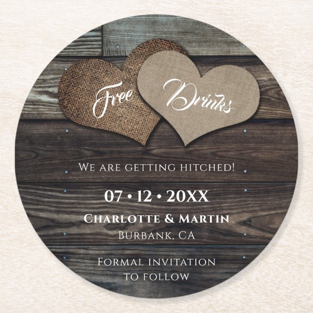 Rustic Getting Hitched Save The Date Coasters (Front)