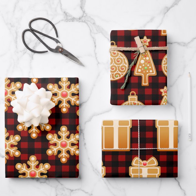 Rustic Gingerbread Cookies & Buffalo Check Plaid Wrapping Paper Sheet (Front)