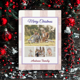 Rustic Gingham 4 Photo Collage Merry Christmas Holiday Card