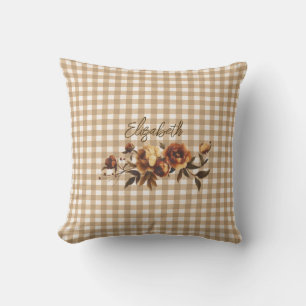 Rustic Gingham Autumn Floral Personalised  Cushion