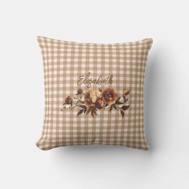 Rustic Gingham Autumn Floral Personalised  Cushion (Front)