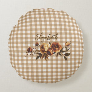Rustic Gingham Autumn Floral Personalized Round Cushion