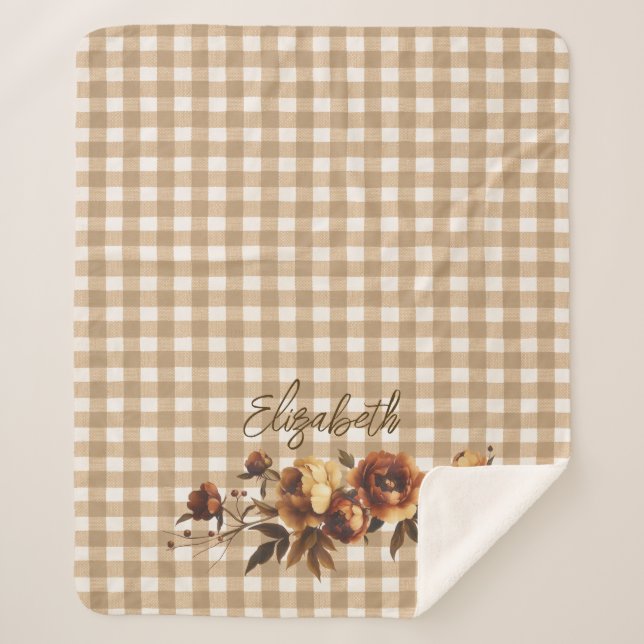 Rustic Gingham Fall Roses Personalised  Sherpa Blanket (Front)