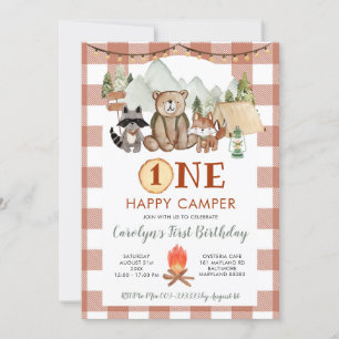 Rustic Gingham One Happy Camper First Birthday  Invitation