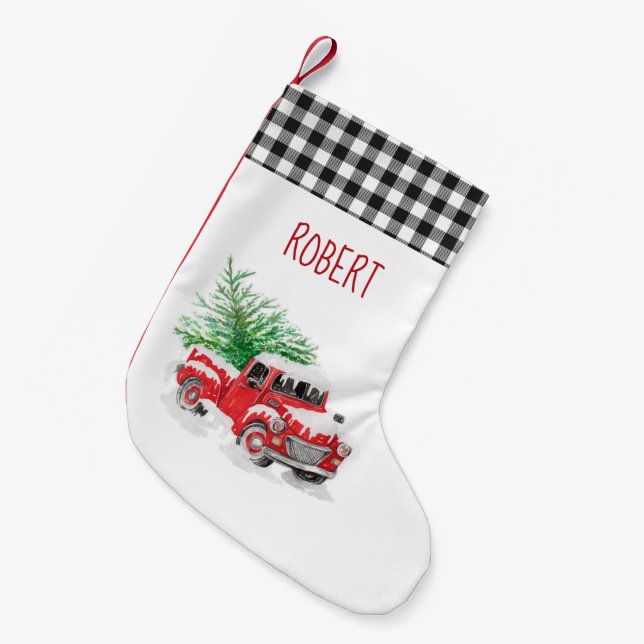 Rustic Gingham Plaid Red Truck Small Christmas Stocking (Front (Hanging))