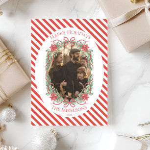 Rustic Gingham Poinsettia Photo Christmas Holiday Card