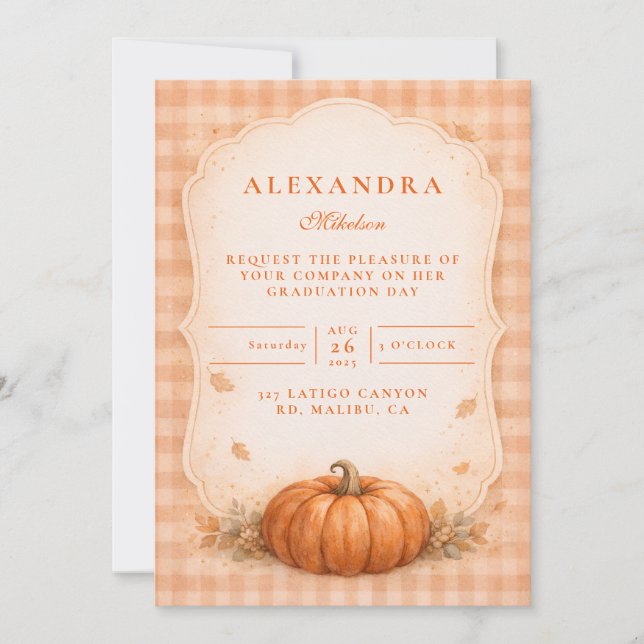 Rustic Gingham Pumpkin Fall Graduation Invitation (Front)