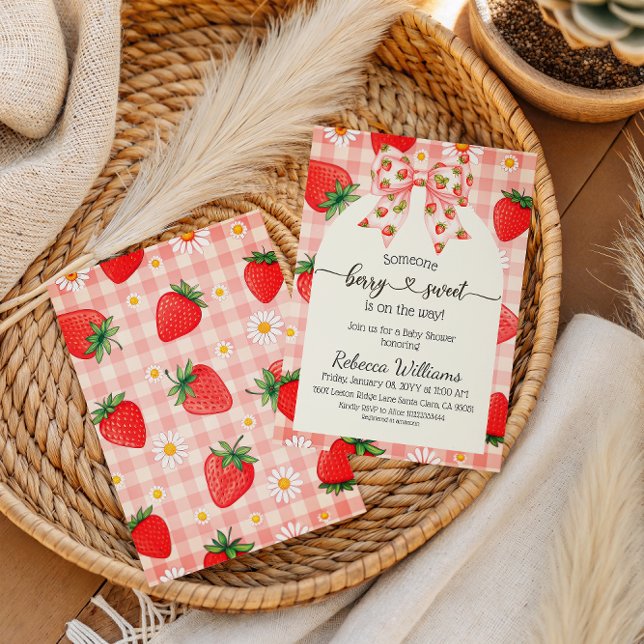 Rustic Gingham Strawberry Berry Sweet Baby Shower Invitation (Creator Uploaded)