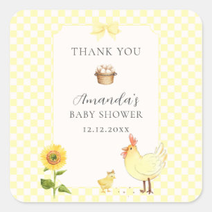 Rustic Gingham Sunflower Chicken Baby Shower  Square Sticker