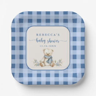 Rustic Gingham Teddy Bear Elegant Baby Shower Paper Plate