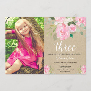 Rustic girl 3rd birthday pink white birthday invitation