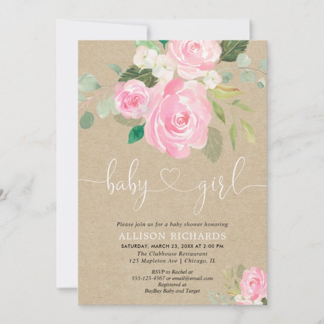 Rustic Girl baby shower floral blush pink kraft Invitation (Front)