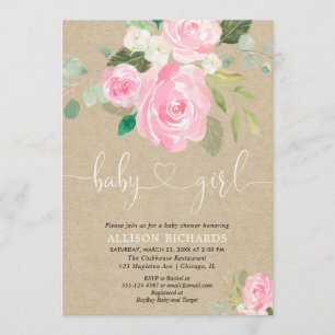 Rustic Girl baby shower floral blush pink kraft Invitation