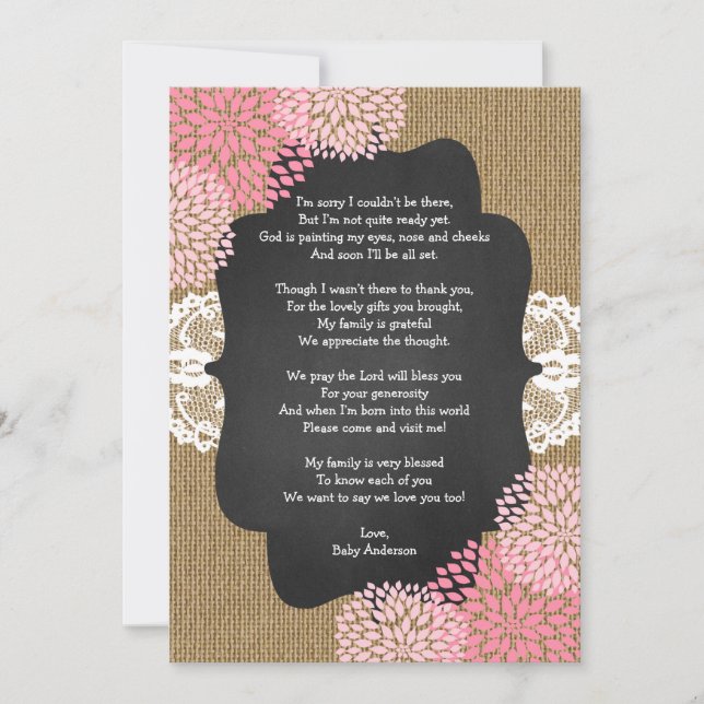 Rustic girl baby shower thank you note with poem invitation (Front)