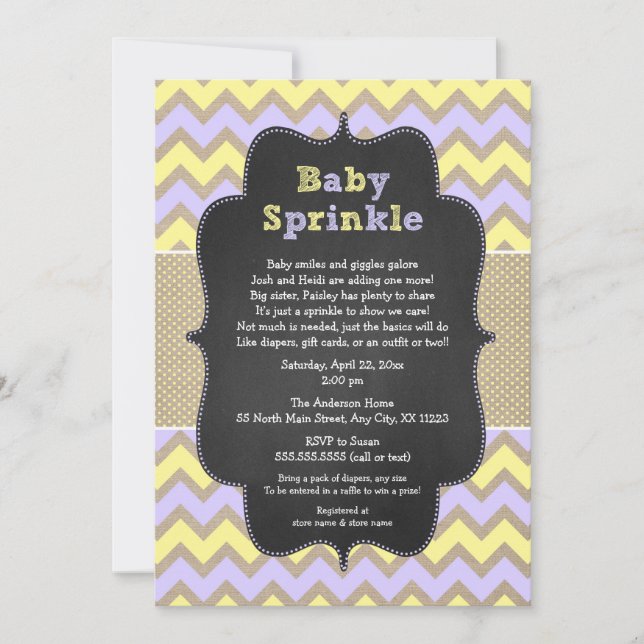 Rustic GIRL Baby Sprinkle Invite, lavender yellow Invitation (Front)
