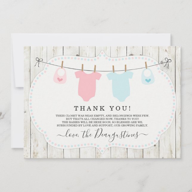 Rustic Girl & Boy Twins Baby Shower Thank You Card (Front)
